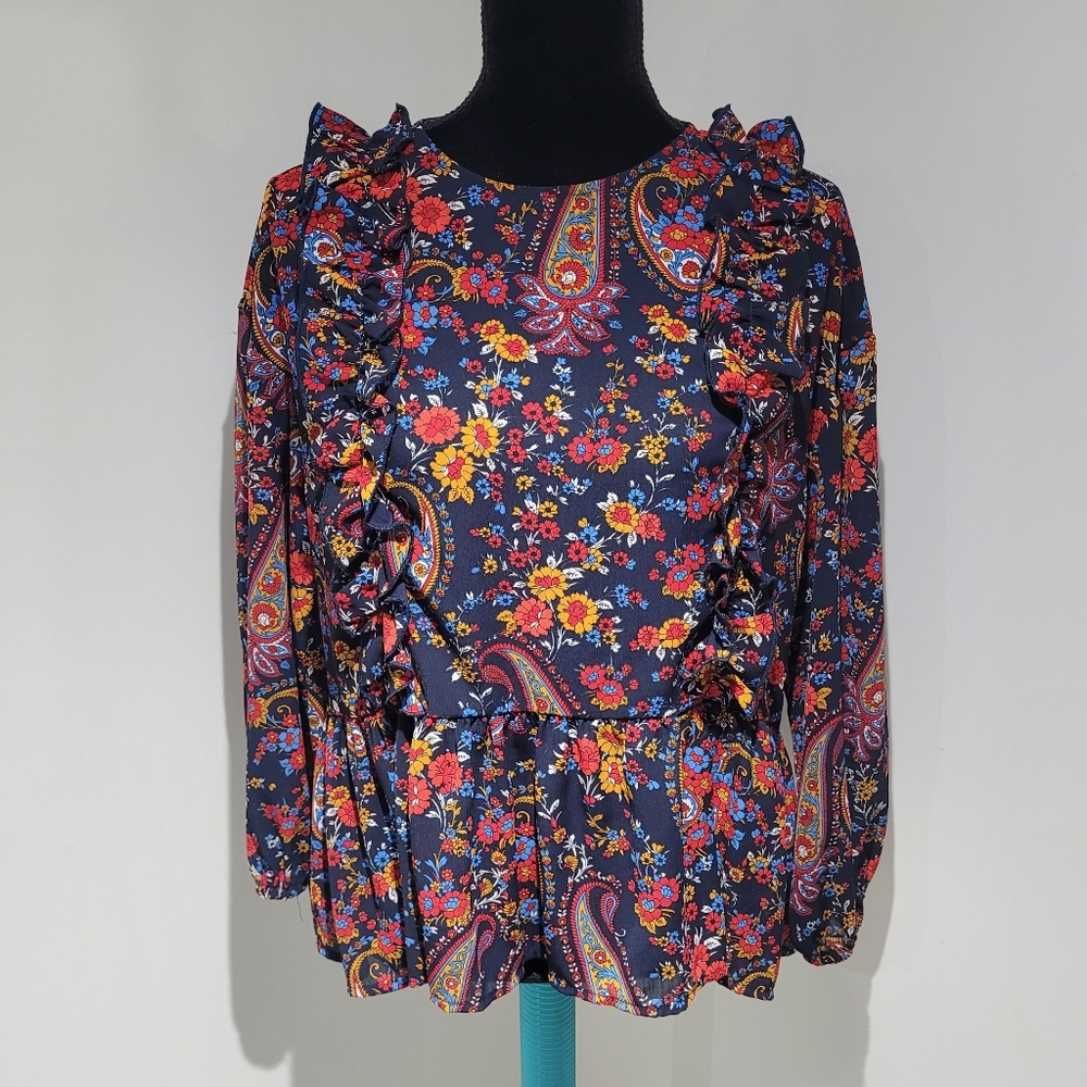 H&M Women's Paisley Floral Print Ruffle Trim Boho Peplum Blouse 6 Navy Multi